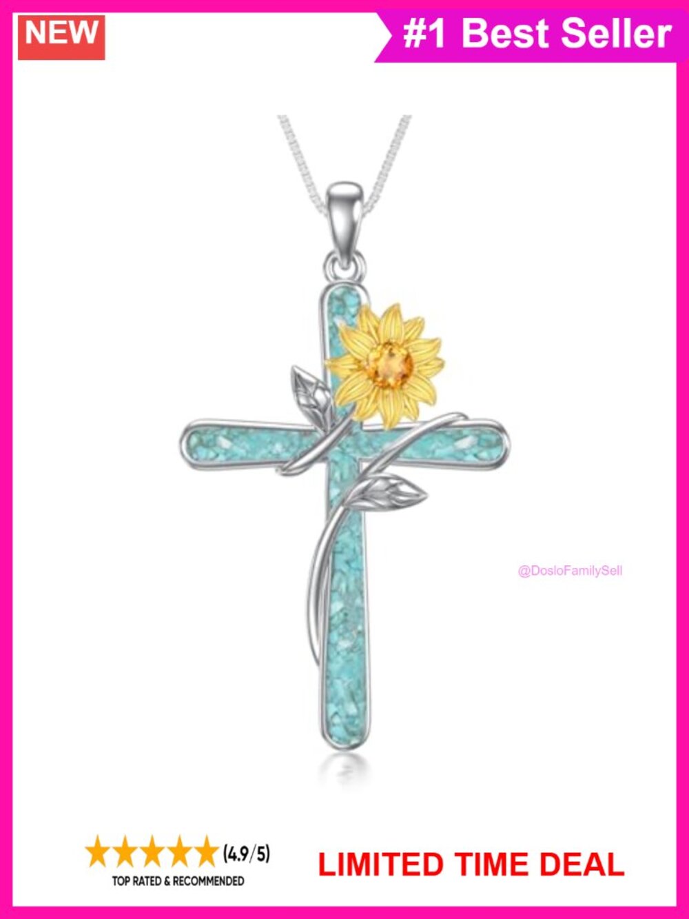 Sterling Silver Turquoise Cross Necklace Sunflower Pendant 18in Box Chain